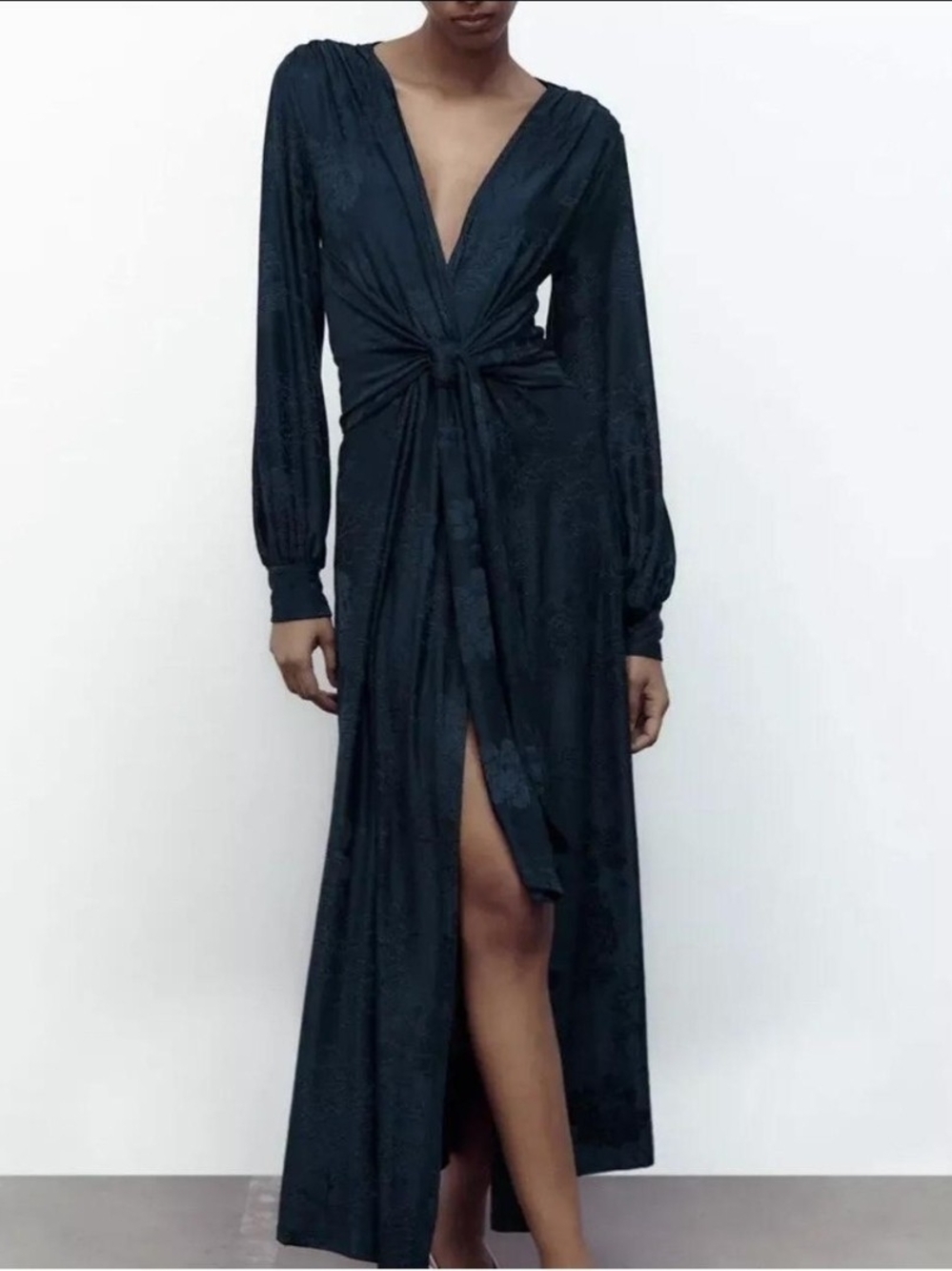 Zara Navy Floral Jacquard Wrap Maxi Dress Long Sleeve S